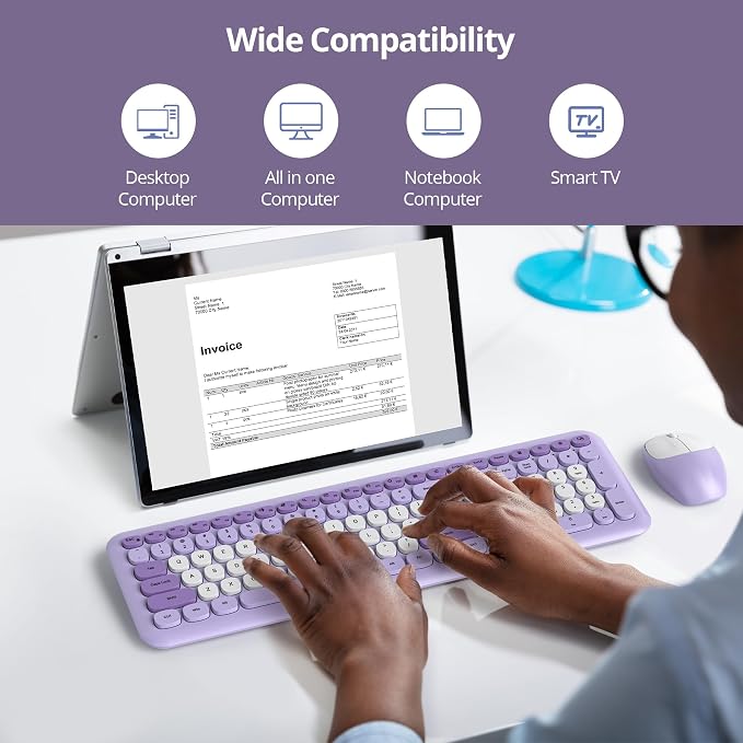 surmen Purple Keyboard and Mouse Wireless, Cute Wireless Typewriter, Full Size Slim Silent Round Keys Aesthetic Keyboard for Home and Office(Colorful Purple) - Image 6