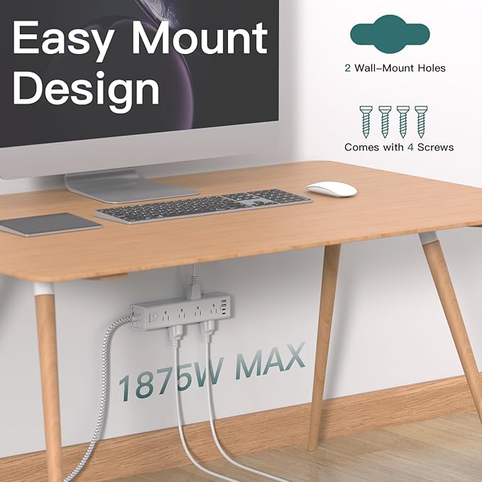 20FT Long Extension Cord, Power Strip with 12 AC Multiple Outlets & 4 USB | Flat Plug Wall Mount, 1050J Overload Surge Protection, Outlet Extender for Home Office Garage Workshop, ETL Listed, White - Image 6