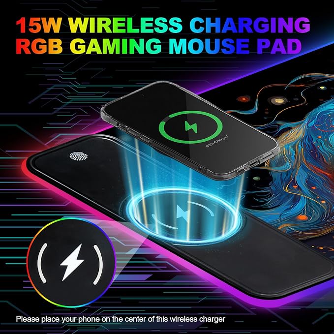 Wireless Charging RGB Gaming Mouse Pad, 31.5 x 11.8 Inch Extended Mouse Mat with Cosmic Wolf Art Design, LED Desk Pad with 7 Lighting Modes, Non-Slip Base for Gaming & Office - Image 6