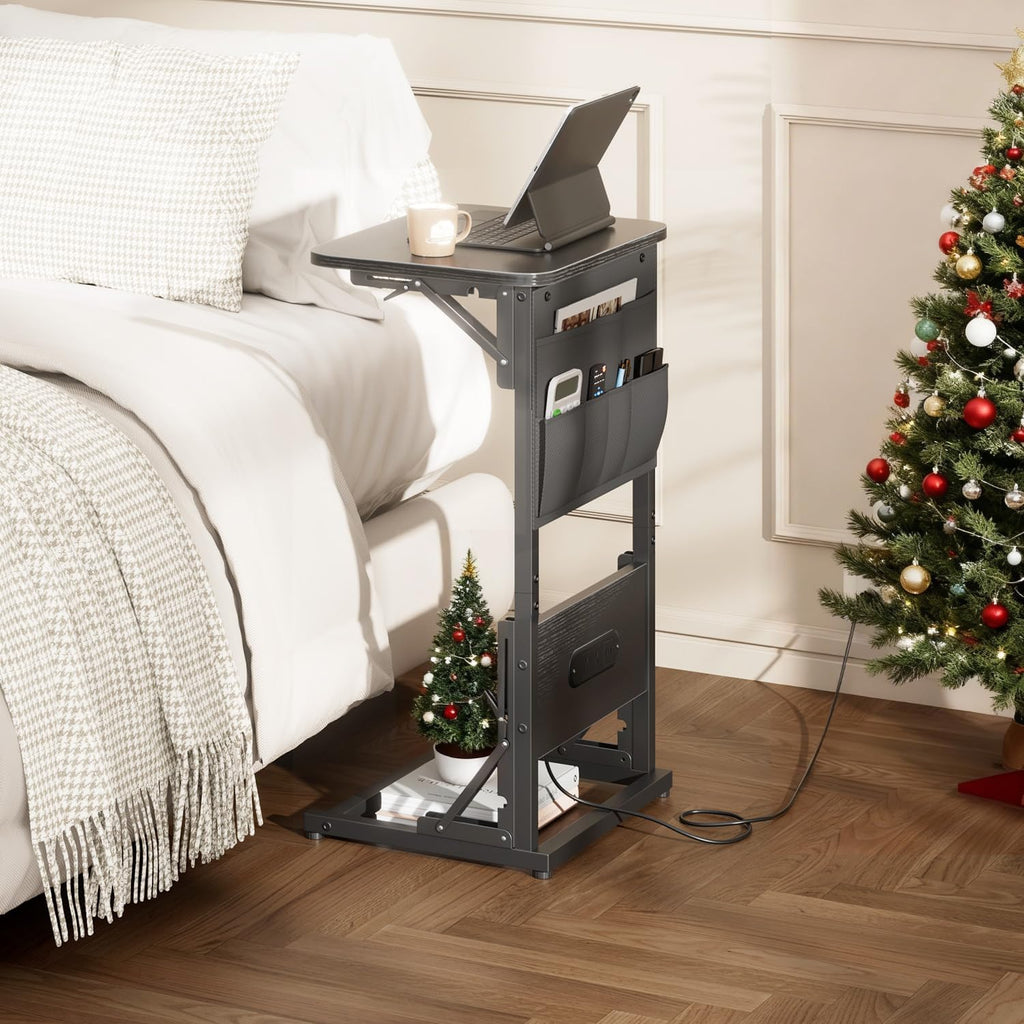 HLDIRECT C Shaped End Table with Charging Station & Storage Bag Black - Image 2