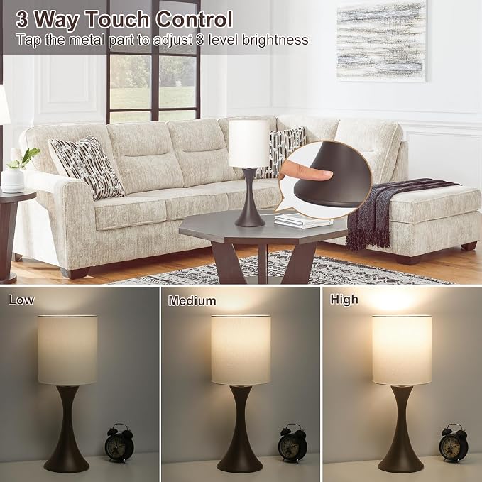 3 Way Touch Control Table Lamp, Dimmable Bedside Lamp, Nightstand Light | Desk Lamp with Beige Shade and Dark Brown Base, Small Lamp for Living Room, Bedroom, Dorm, Office, 3000K LED Bulb Included - Image 3
