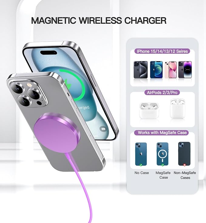 Magnetic Wireless Charger, 2-Pack 15W Fast Mag-Safe Stand for iPhone 17-12 | Fast Magnetic Wireless Charging Pads for iPhone 17/17 Air/17 Pro/17 Pro Max, 16/15/14/13/12 Series and AirPods(Purple） - Image 5