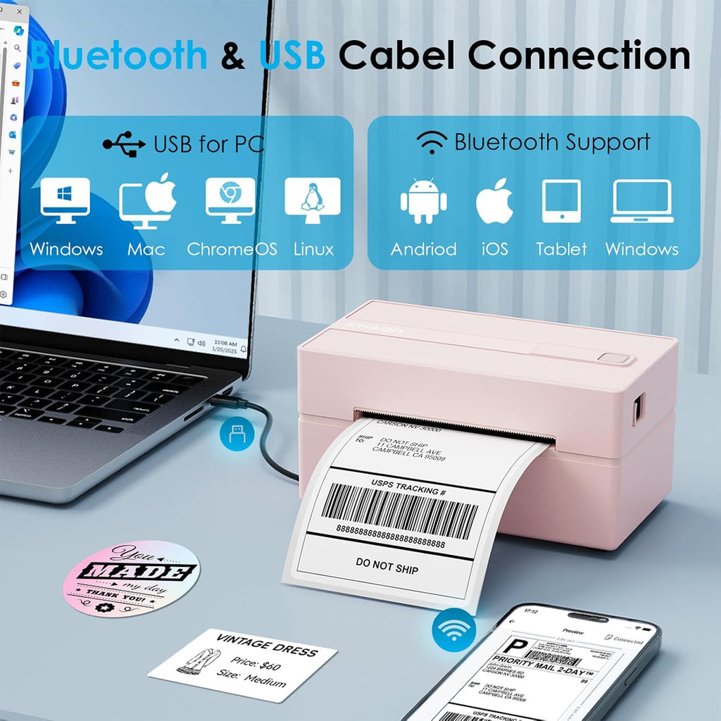 KNAON Bluetooth Thermal Shipping Label Printer 4x6 for Small Business, Pink - Image 2