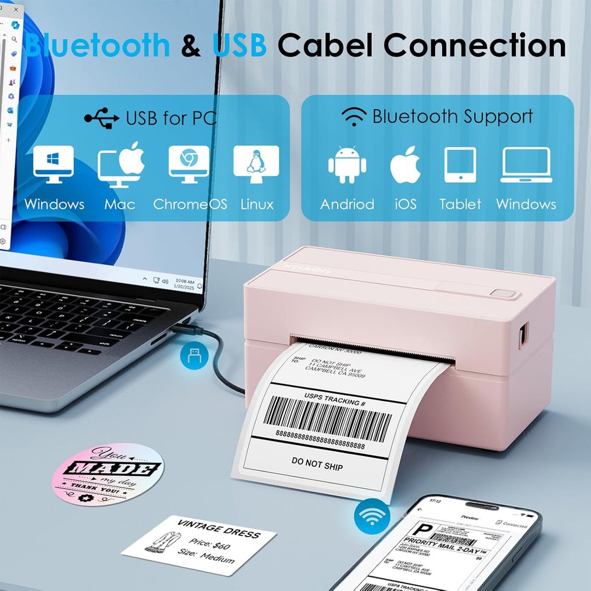 KNAON Bluetooth Thermal Shipping Label Printer 4x6 for Small Business, Pink - Image 2