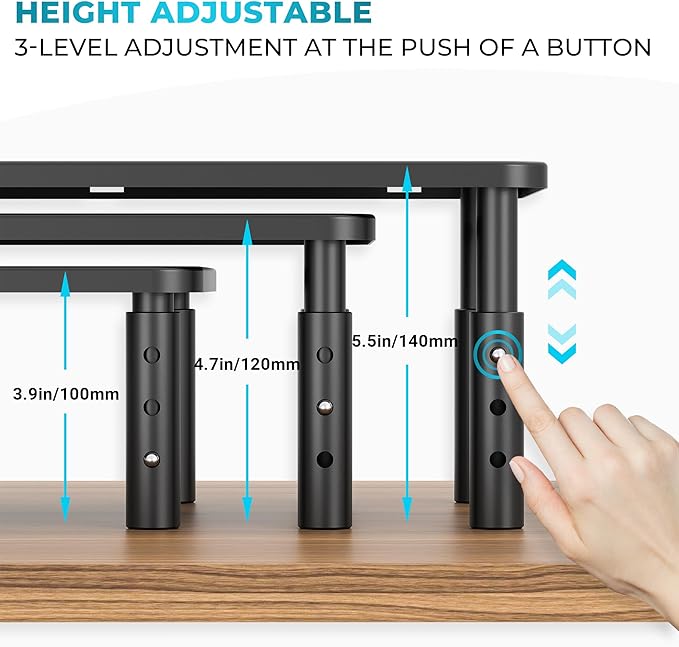 BONTEC Monitor Stand for Desk 1 Pack, 3-Level Height Adjustable | 14.5 x 9.1 in Ergonomic Metal Computer Stand with Pen Holder & Cable Management for Printer, Laptop and Office Workstation - Image 3