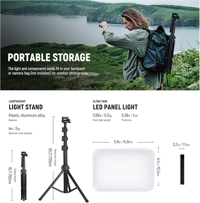 NEEWER BASICS LED Video Light, 2 Pack Studio Panel Key Lighting Kit with Tripod Stands & Filters, Bi Color Dimmable Portable 3200~5600K CRI95 750lux for Photography Recording Streaming Podcast, BP66 - Image 6