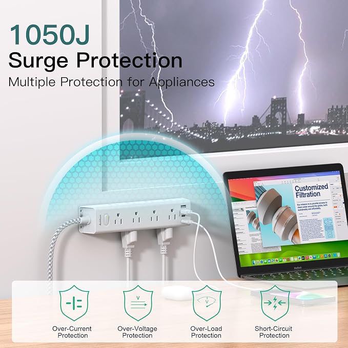 20FT Long Extension Cord, Power Strip with 12 AC Multiple Outlets & 4 USB | Flat Plug Wall Mount, 1050J Overload Surge Protection, Outlet Extender for Home Office Garage Workshop, ETL Listed, White - Image 5