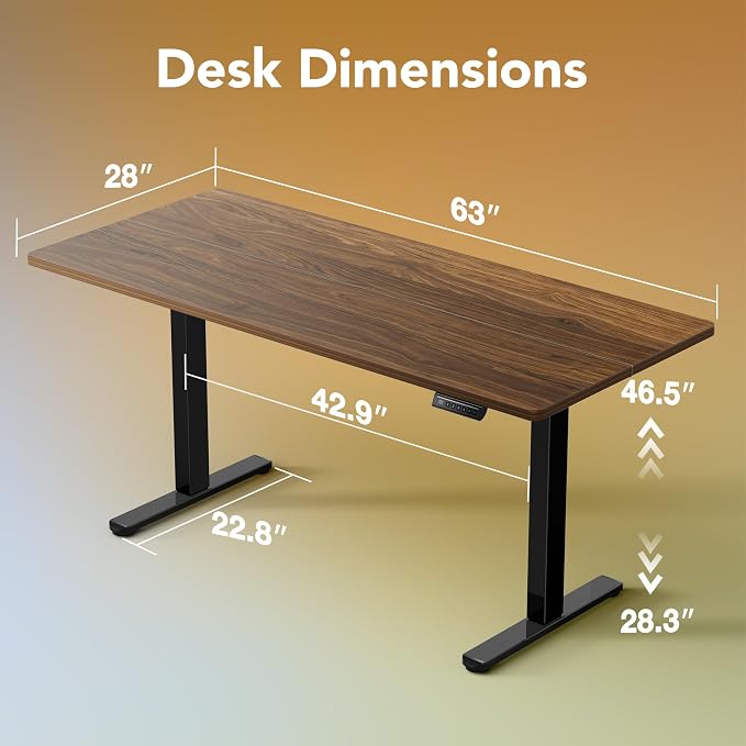 HUANUO 63x28 Inch Electric Standing Desk, Height Adjustable, Black Walnut | 176 Lbs Capacity, Smooth Home Office Desk, 4 Memory Presets & Headphone Hooks, 28.3–46.5 Inch Height Range, Easy to assemble - Image 3