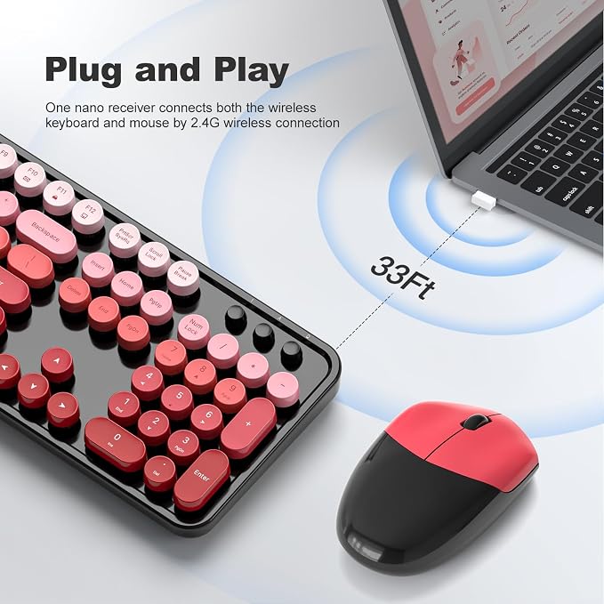 MOFII Wireless Keyboard and Mouse Combo, 2.4GHz Retro Typewriter Keyboard Full Size, Cute Wireless Mice, USB Dongle Plug and Play, for Laptop, PC, Desktop, Windows (Black Red Gradient Color) - Image 2