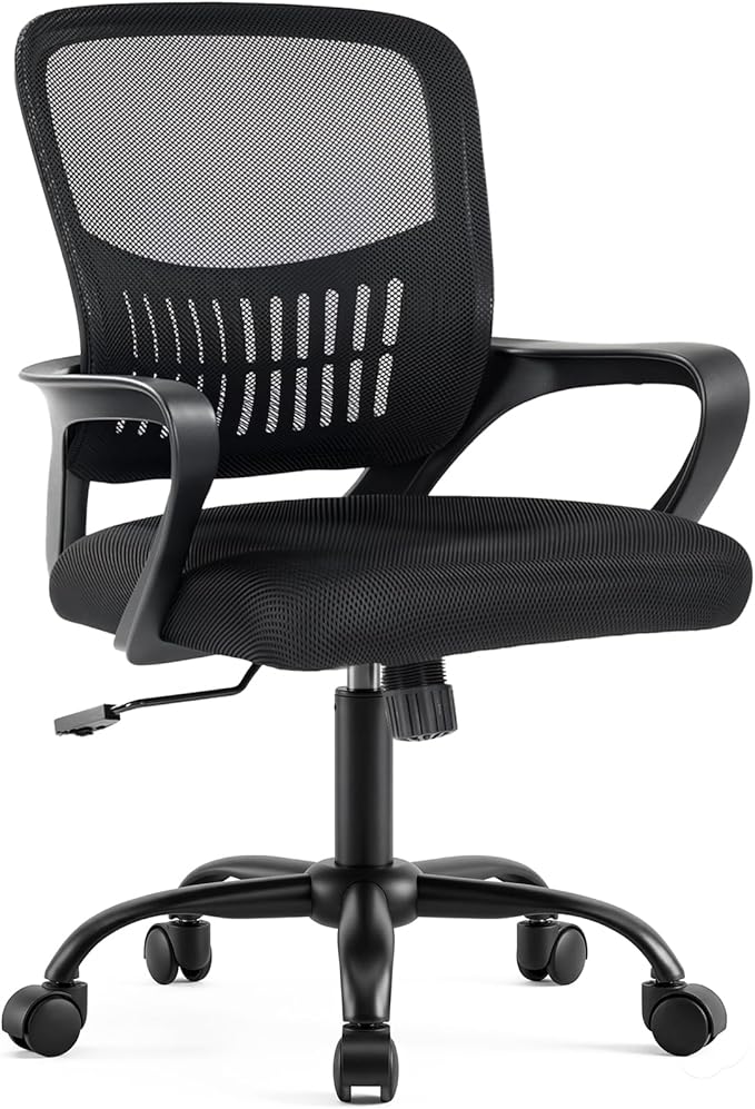 DUMOS Home Office Chair, Computer Desk Chair, Lumbar Support | Ergonomic Mid Back Mesh, Height Adjustable Fixed Armrest, Rocking Mode 360 Swivel, Computer Conference, Black by DumosLifestyle