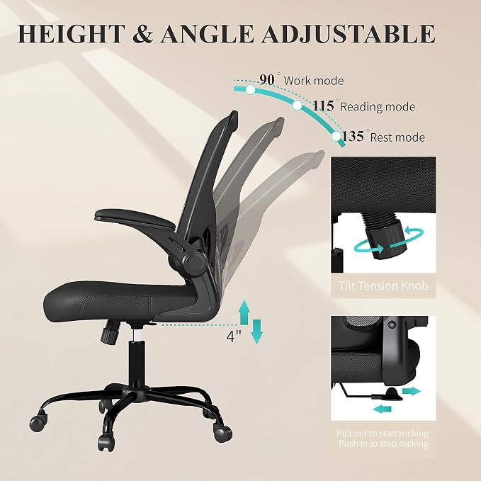 Flysky Mesh Office Chair, Ergonomic Computer Desk Chairs (Black, Set of 8) | Comfy/Comfortable Flip-up Arm Rests, Lumbar Support, Height Adjustable, 360 Degree Rolling Swivel for Home Office - Image 8