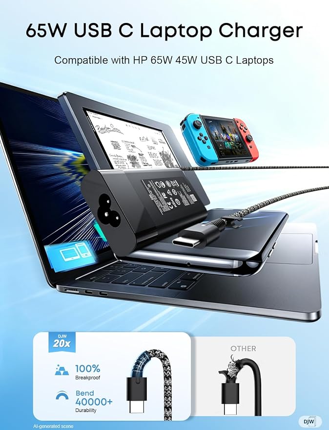 DJW 65W USB C Laptop Charger Compatible with HP Spectre x360,Envy,Elitebook x360,Pavilion, Elite x2,Chromebook,Omnibook,Dragonfly,Zbook,ProBook Travel Computer Charger USB Type C AC Power Adapter - Image 7