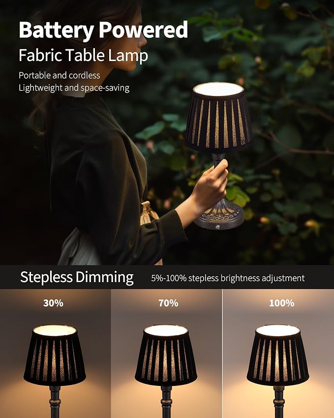 KDG Mottled Silver Cordless Table Lamps Set of 2, Black Fabric Shade Light | 2700K Stepless Dimmable 4000mAh Battery Powered Portables Small Desk Lamp, LED Lighting for Living Room, Dining Room, Bedroom - Image 4
