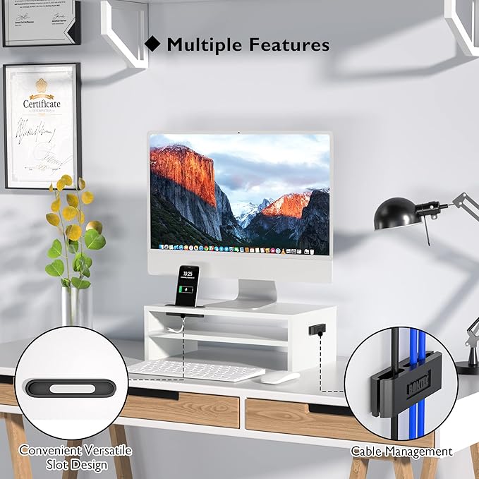BONTEC Wooden Monitor Stand Riser for Desk, 2-Tier Computer Monitor Stand | 66 lbs Desk Shelf Organizer with Storage, Laptop & Printer Stand with Phone Holder and Cable Management, White, 16.5 Inch - Image 3