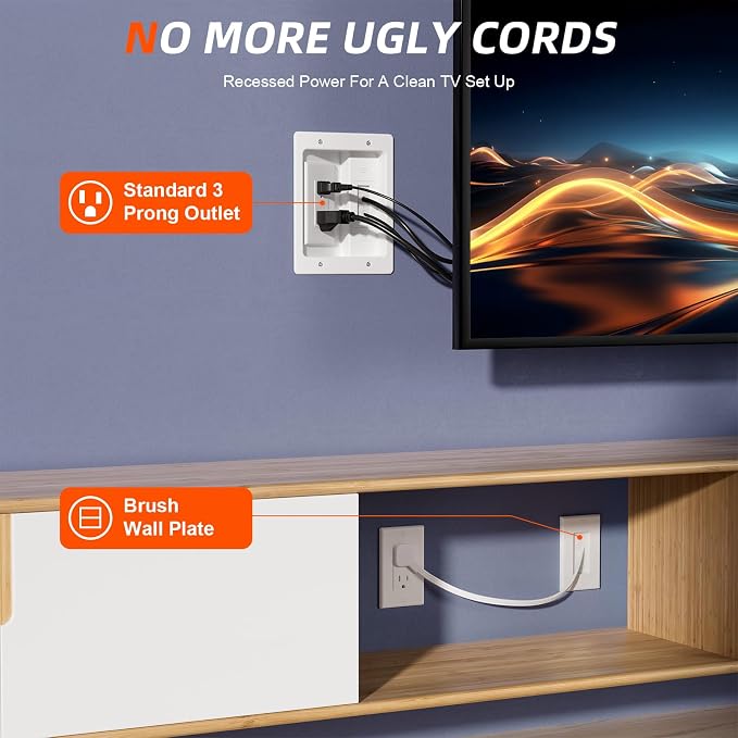 in Wall Cable Management Kit,TV Cable Hider Wall Kit with Brush Wall Plate and 9.8FT Cord,2 AC Outlets,Recessed Outlet Box for Wall Mount TV Home Theater Setups Cords Organizer - Image 4