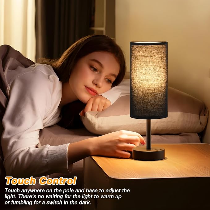 Dicoool Bedside Table Lamp for Bedroom - 3-Way Dimmable Touch Lamp, USB A+C | LED Bulb Included, 14" Small Nightstand Lamp for Desk, Living Room, Guest Room, Black Fabric Lampshade, Black Metal Base - Image 2