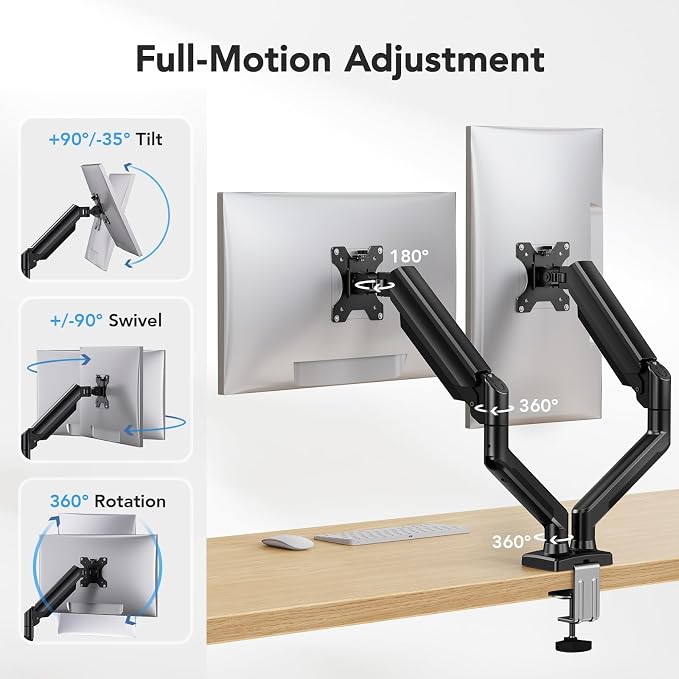 HUANUO Dual Monitor Mount for 2 Monitors up to 30 inches, Each Arm Holds Max 22lbs, Dual Monitor Stand with Advanced System, Height-Adjustable/Tilt/Swivel/Rotate, VESA Standard 75mm or 100mm - Image 3