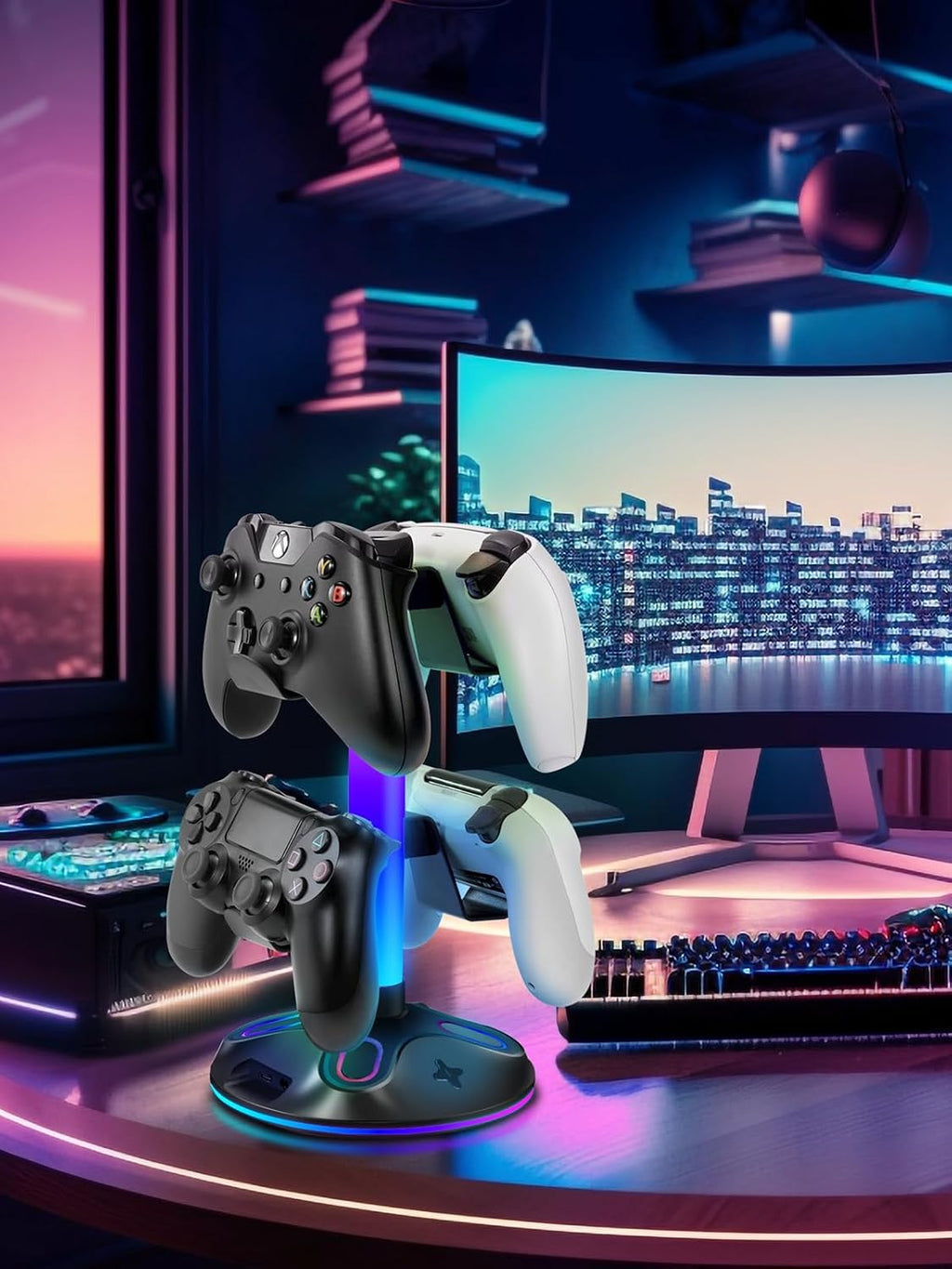 RGB Headphone Stand for Desk, Innovative Headset Stand with 9 Light Modes - Controller Holder with USB Charging and Type-c Port, Gamepad Earphone Accessories (Black) - Image 6