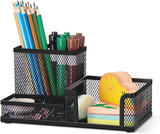 Comix Mesh Pen Holder, Desk Organizer for Home Office, Black | 3 Compartment Pencil Holder, Sticky Notes Holder, Pen Organizer Office Supplies by Comix
