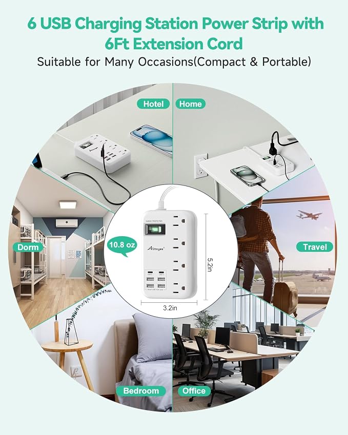 Alitayee 6 USB(2 USB C) Surge Protector Power Strip,4 AC Outlets, 6Ft Cord | 6 USB,24W USB Charging Station,4 Outlets,6Ft Flat Plug Extension Cord,Surge Protection,Switch,Wall Mounted,Travel Home Dorm - Image 7