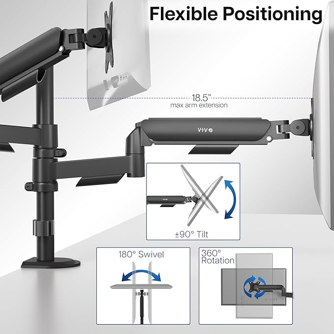 VIVO 17 to 32 inch Dual Mechanical Monitor Mount, 2 Tension Spring Arms, Adjustable Swivel, Rotation, Heavy Duty VESA Desk Stand with C-clamp, Grommet, Max VESA 100x100, Black, STAND-V002K - Image 5