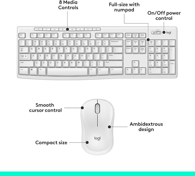 Logitech MK270 Full Size Wireless Keyboard and Mouse Combo - Off White | Full size keyboard with spill-resistant design, compact ambidextrous mouse, connect via single included USB-A Nano Receiver - Image 6