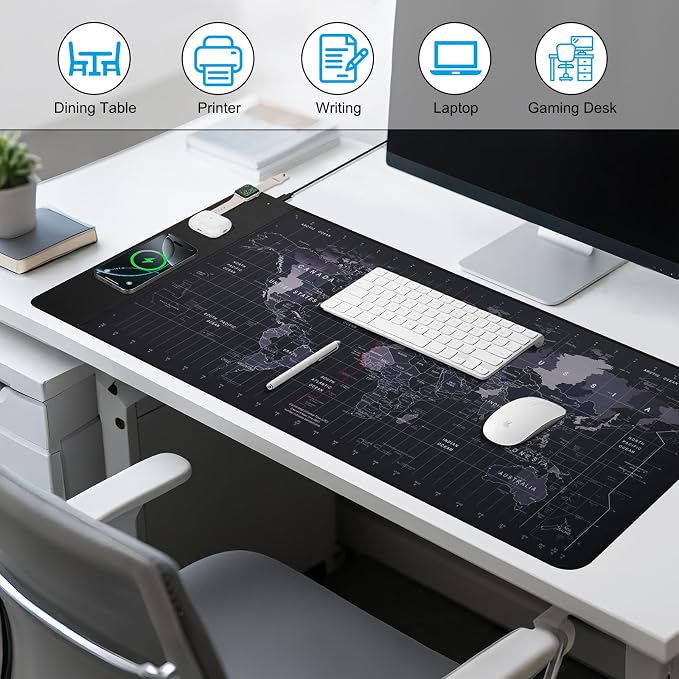 VOVIPO Wireless Charging Mouse Pad 15W, Waterproof Gaming Mousepad with Ultra-Smooth Surface, Non-Slip Base, XXL Large Desk Mat 90 x 40cm,Black World Map Computer Desk Pad for MacBook, PC, Laptop - Image 5