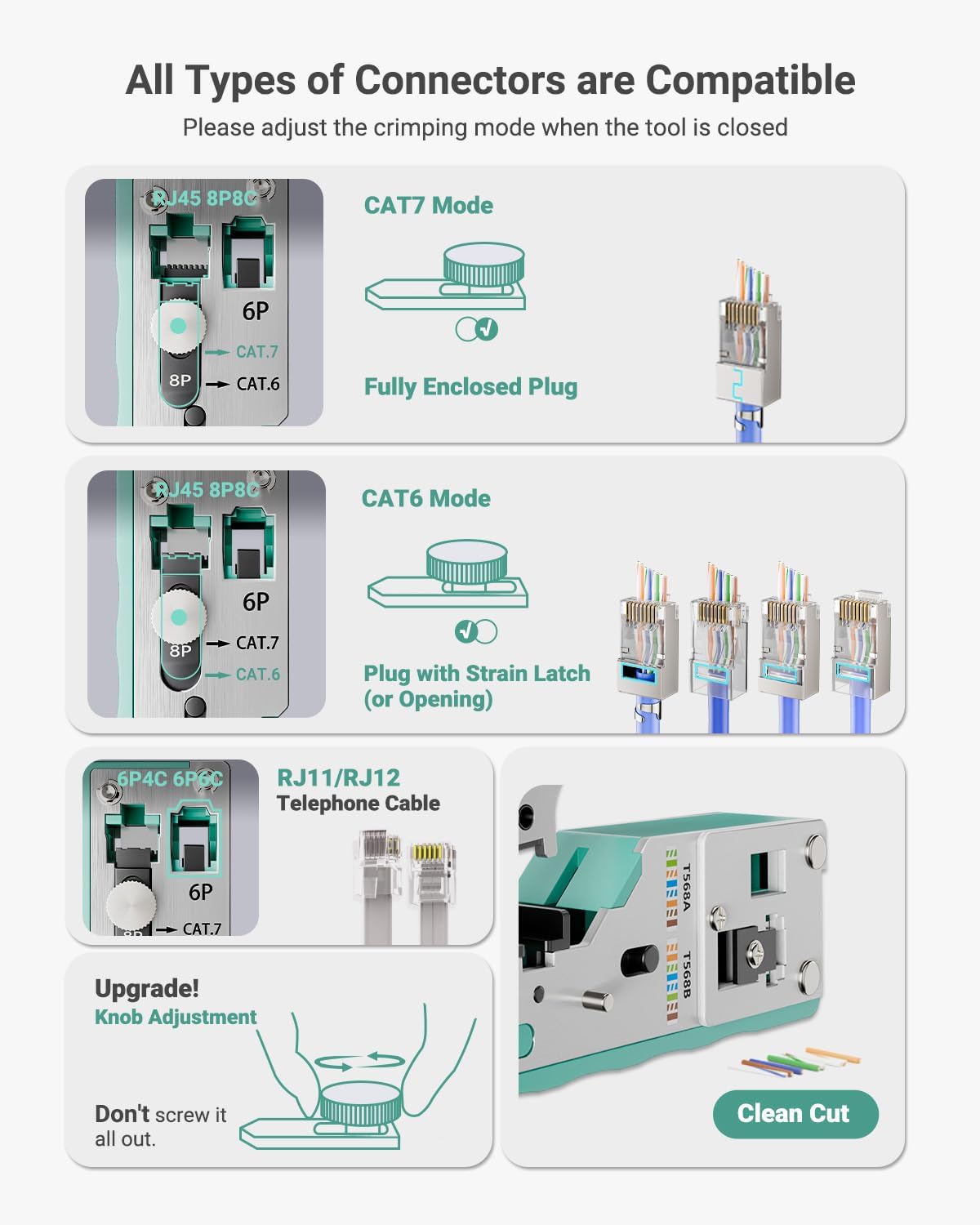 VCELINK RJ45 Crimp Tool Advanced Kit, All-In-One CAT7/6/5 Crimper, Green - Image 3
