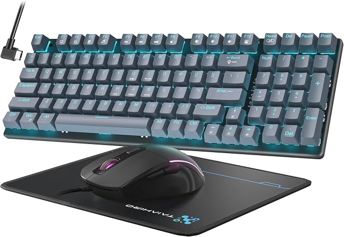 Mechanical Gaming Keyboard and Mouse, LED Backlit 98-Key Floating Keycap & 4 DPI RGB Gaming Mouse with Mouse Pad, Full Anti-Ghost Light Up Wired Computer Keyboards for MAC PC Gamer Accessories, Gray by Taiahiro