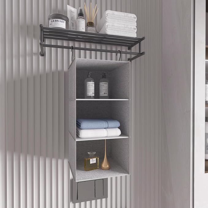 Hanging Closet Organizer 3-Shelf, Oxford Linen Wardrobe Storage, Gray | Easy-mount foldable design holds clothes, handbags, shoes & accessories; washable Oxford fabric, sturdy and space-saving. - Image 8
