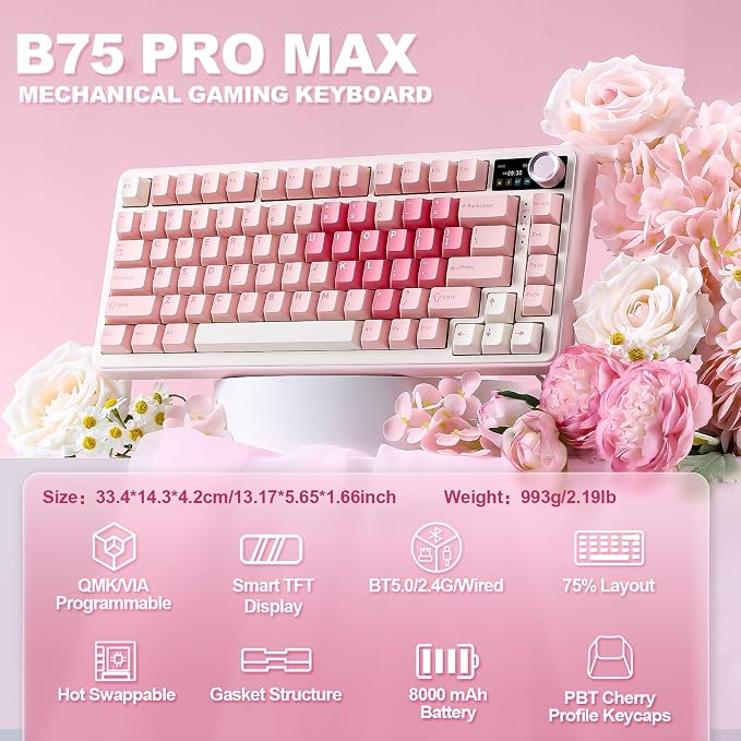 YUNZII B75 PRO MAX 75% Mechanical Keyboard (Pink,Candy Switch) | QMK/VIA, Wireless Keyboard with Screen and Knob, Custom Hot Swap, Gasket Mount, Creamy Switches, RGB for Gaming/Win/Mac - Image 2