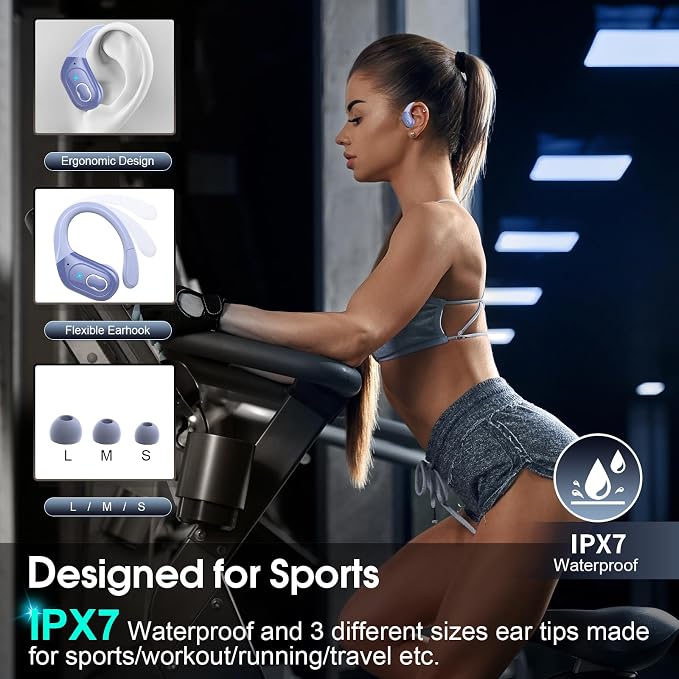 Aptkdoe Wireless Earbuds 75H Bluetooth 5.4 Sport Headphones with Earhooks | IPX7 Waterproof In-ear Buds Feature ENC Noise Cancelling Mic. Stereo Sound Device for Gym Running Workout, Purple Blue - Image 5