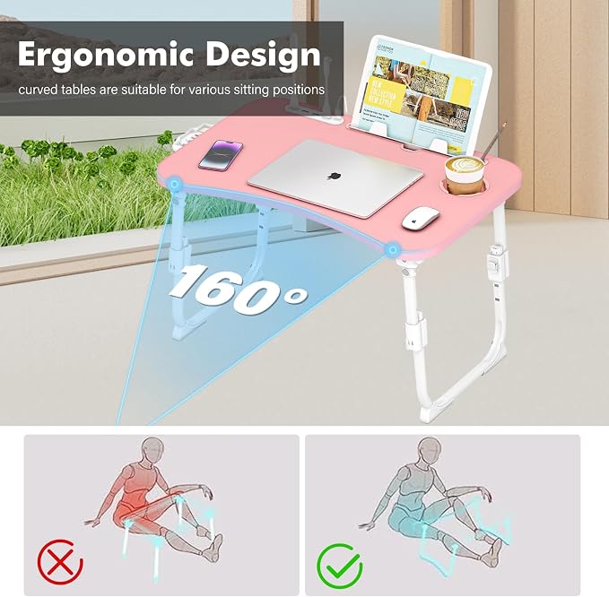 Lap Desk for Bed Adjustable Height, Foldable Bed Table with Storage Drawer, Tablet Slot & Cup Holder, Portable Laptop Stand for Bed & Sofa, Bed Desk for Adults & Kids, Pink - Image 8