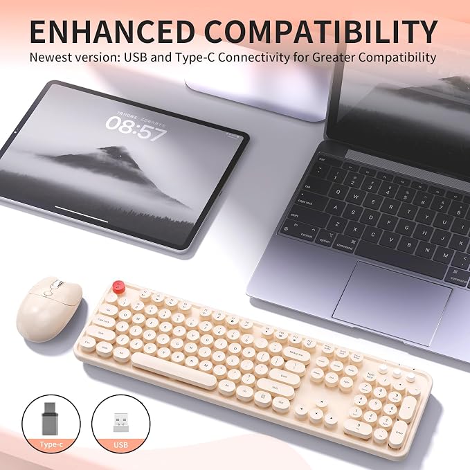 Wireless Keyboard Mouse, MOFII 104 Keys Cute Retro Typewriter Coffee | With OTG & Long Clean Bruch,Compatible With All windows and Type C Computer,1600DPI,Ideal For PC, Home, Office and College - Image 7