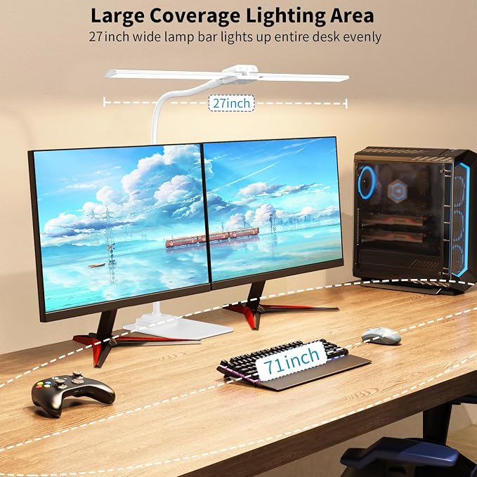LED Desk Lamp Double Light: 1200LM Desk Light Base for Home Office, White | Dual Screen Computer Monitor Light, Architect Table Lamp for Working Reading Drafting,Dimmable 4 Colors Memory 30-Min Timer - Image 3