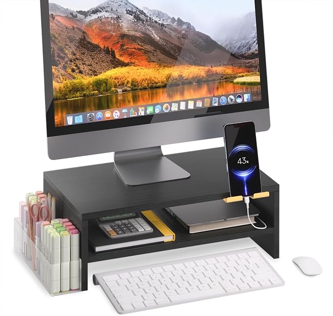 TEAMIX 2 Tiers Wood Monitor Stand Riser with Phone Holder & Side Pen Holder | Black Desk Organizer, 15.7L x 9.5W x 5.7 inch, Holds 80 lbs, Laptop/PC/Printer Stand, Ergonomic Design, Home Office Supplies by TEAMIX