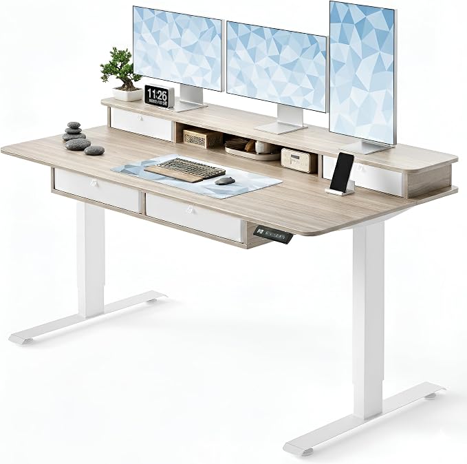 CubiCubi 60" x 30" Standing Electric Desk with Drawers, Light Rustic Brown | Height Adjustable Workstation, Computer Sit Stand Up Office Table with Large Storage Shelf, 4 Drawers and 2 Hooks by CubiCubi