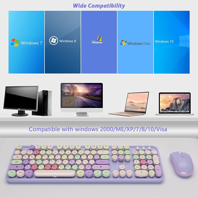 Wireless Computer Keyboard and Mouse Combo,Colorful Purple | Ergonomic Full Size Typewriter Retro Round Keycaps Keyboard, Compatible with Windows, PC, Perfer for Home and Office - Image 7
