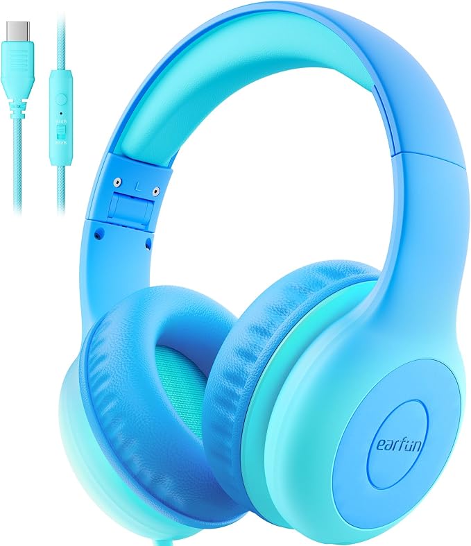 EarFun K1 Kids Headphones Wired with Mic, USB Type C Headphones for Kids | 85/94dB Volume Limit, Portable Wired Headphone with Shareport, Stereo Sound Foldable Headset for School/Toddler/Tablet, Cyan by EarFun
