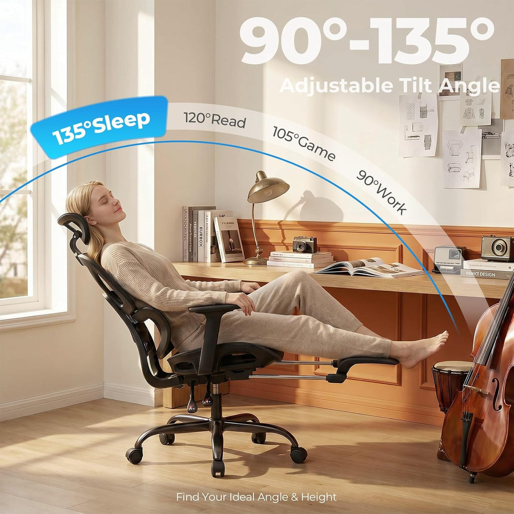 HLDIRECT Ergonomic Office Chair with Footrest, 135° Recline&Lumbar Support - Image 8