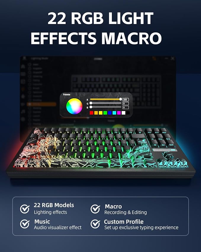 ZORNHER ZH870 Wireless Gaming Mechanical Keyboard,80% Black Custom Creamy Sound Keyboard with Shine Though Wave of Kanagawa Kanagawa Keycaps,Creamy Sounding Linear Switches,Hot-Swappable,RGB Backlit - Image 9