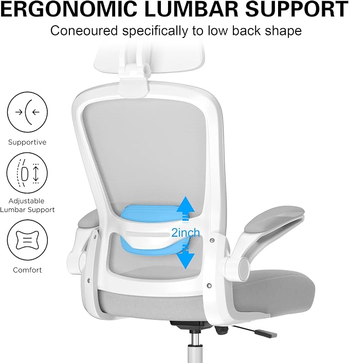 Mimoglad Office Chair, High Back Ergonomic Desk Chair with Adjustable Lumbar Support and Headrest, with flip-up Armrests for Guitar Playing, 5 Years Warranty (Moon Grey) - Image 4