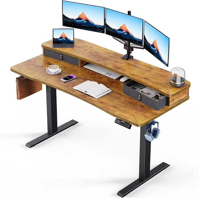 HUANUO 55″ x 26″ Electric Standing Desk with 2 Drawers, C-Clamp Mount Compatible, Height Adjustable Computer Desk, Home Office Stand Up Desk with 4 Preset Heights & 2 Hooks, Vintage Brown by HUANUO