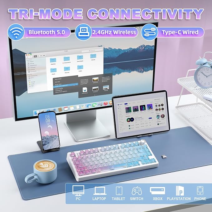 N75 V2 Wireless Gaming Keyboard,2.4GHz/BT/Wired Mechanical Keyboard | 75% Keyboard with Knob, Tri-Mode Bluetooth Keyboard, Gasket Hot Swappable Creamy Keyboard for Win & Mac (Pink-Blue Gradient) - Image 3