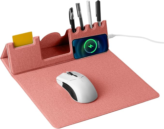 Mouse Pad with Phone Holder & Pen Holders, Wireless Charging Desk Mat, Mousepad Home Office Desk Pad with Ultra-Smooth Surface, Non-Slip Base, Waterproof Keyboard Pad, Classic Pink Desk Mat by Tongyanat