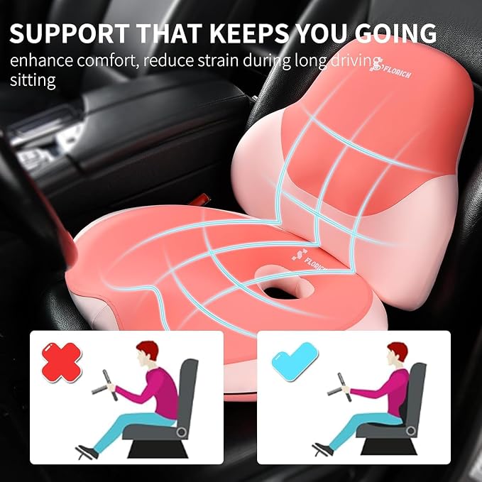 Seat Cushion and Lumbar Support Pillow for Office Chair Car Neck Headrest Pillow Memory Foam Seat Pads Pressure Relief Back Cushion and Carseat Pads(Dark Pink) - Image 2