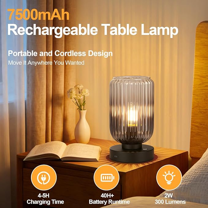 LightRound Cordless Table Lamp for Bedroom, Touch Stepless Dimmable | 7500mAh Rechargeable Battery, Gray Glass Shade, Matte Black Base, Bulb Included, Modern Wireless Lamp for Desk, Living Room - Image 2
