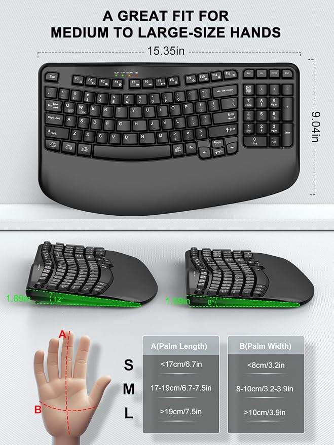 EDJO Wireless Ergonomic Keyboard with Wrist Rest, Wave Keys | Comfortable Natural Typing, Multimedia Hotkeys,2.4GHz,For Large Hands,Windows, Mac, Laptop, PC - Image 3