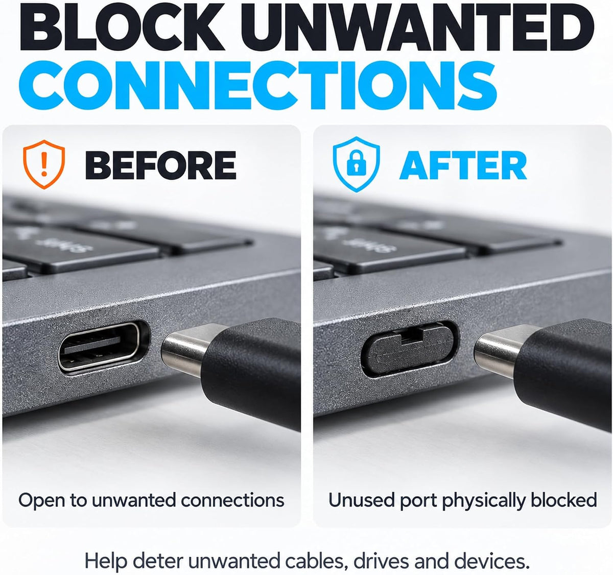 USB-C Port Blockers 25 Pack with 2 Keys, Secure Fit and Easy Removal, Black - Image 2