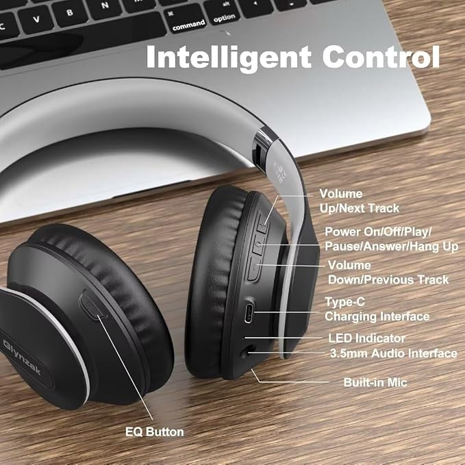 Wireless Bluetooth Headphones Over Ear V6.0 HiFi Stereo with Mic | 65H Playtime 6EQ Modes Foldable Bluetooth Headset with Microphone for Travel Smartphone Computer Laptop Grey - Image 5